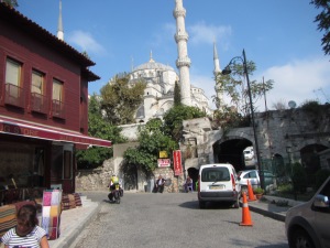 Terry winding his way to the Blue Mosque, its the last climb of the tour
